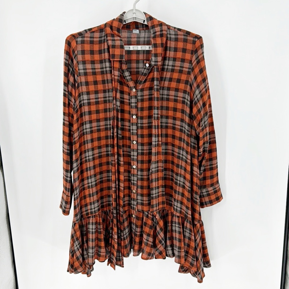 Lilith Plaid Button-Front Ruffle Hem Tunic Top - Orange/Black